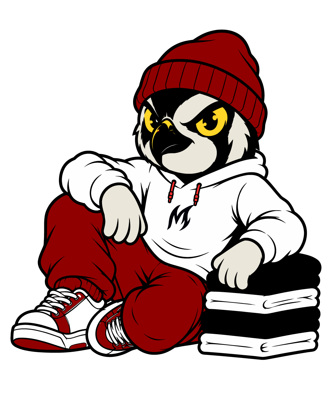 Mascota MOXIE, ave con gorro y hoodie